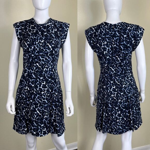 Rebecca Taylor Women's Size 6 Blue Lynx Leopard Print Mock Neck Flare Mini Dress - Picture 1 of 16